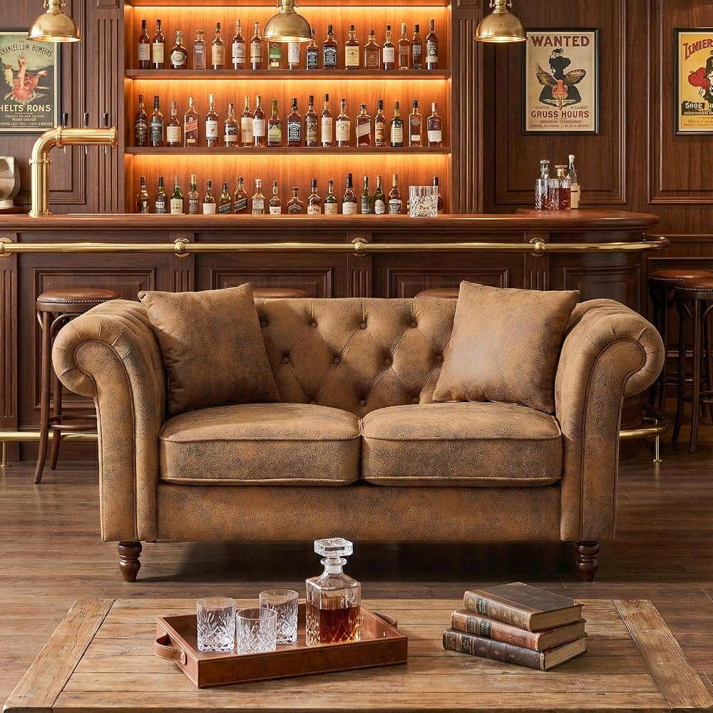 Chesterfield Sofa, 66" Chesterfield Faux Leather Loveseat Sofa with Deep Button Tufting & Rolled Arms, Vintage Mid Century Modern Couch for Living Room Office (Brown)