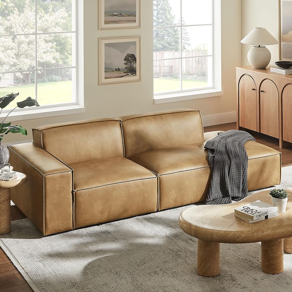 Modway Restore Faux Leather 2-Piece Modular Loveseat in Toast – Low Profile Vegan Leather Sectional Couch with Left-Facing Armchair and Right-Facing Armless Chaise