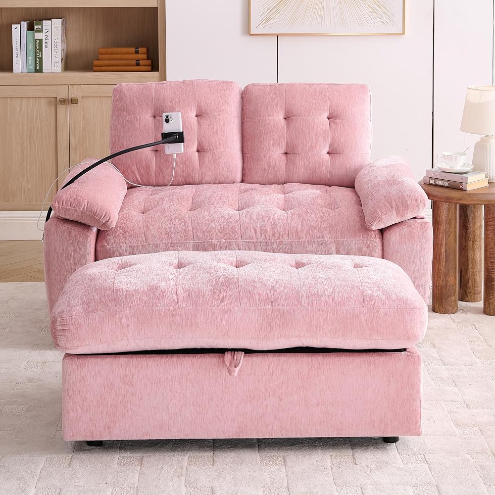 KEIKI 56" Oversized Chaise Lounge Chair Indoor with Storage Ottoman, USB Port &Phone Stand, Cloud Upholstered Chaise Lounge Recliner, Deep Seat Reading Couch Sofa Bed for Living Room Bedroom,Pink