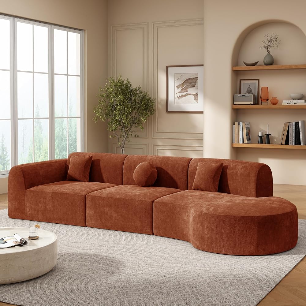 Merax 140" Curved Polyester Sectional Sofa Set, 7 Seat Modern Cloud Couch with Chaise Lounge,3 Pillows, Fully Assembled for Living Room, Orange