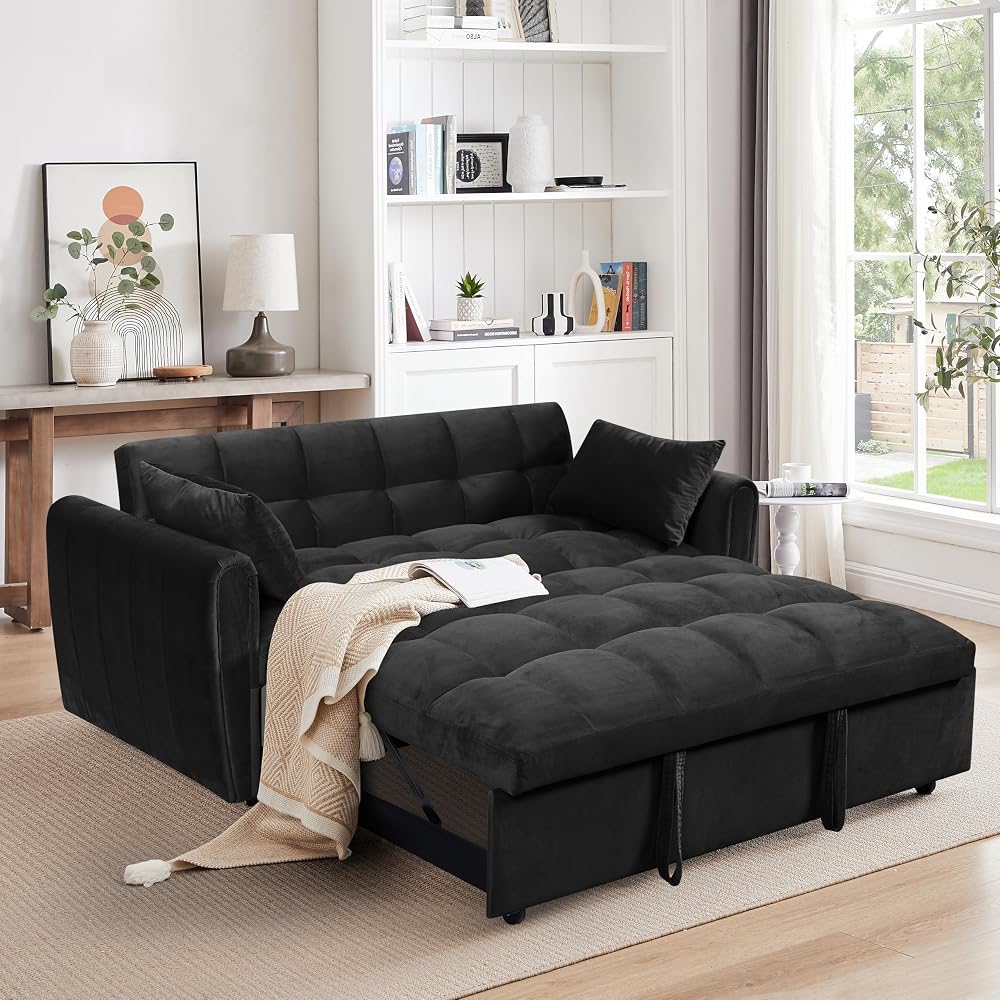 65 Inch Convertible Sleeper Sofa, 3-in-1 Sleeper Loveseat with Adjustable Backrest & Padded Armrests, Velvet Sofa Bed for Living Room, Apartment, Bedroom or Office, Black