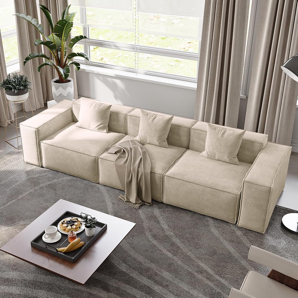 POVISON 115" Modular Sectional Sofa for Living Room Modern Large Sectional Couches Velvet Deep Seat Sofa Set 3 Seats Oversized Big Comfy Cloud Couch for House Office